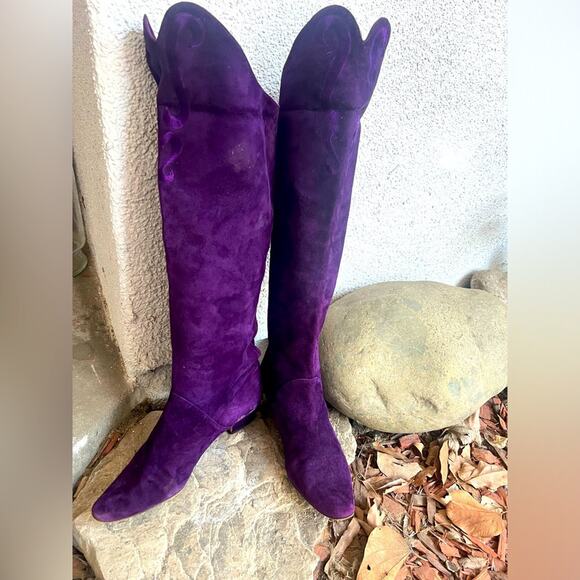 Vintage Escada Suede Boots purple ribbon detail 36.5 - Picture 1 of 8
